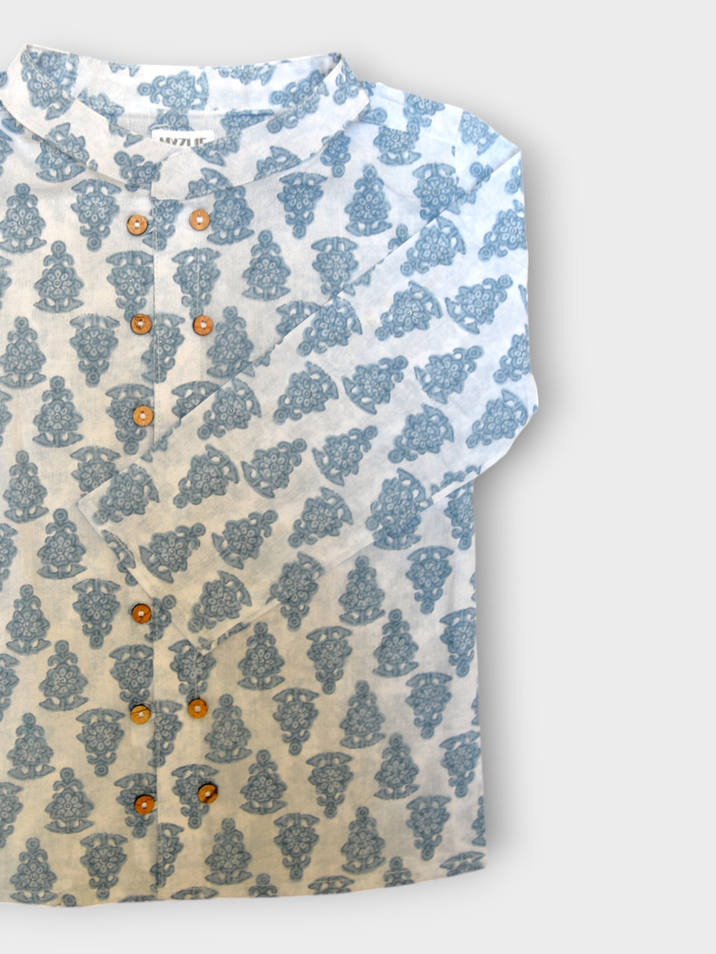 Boys White Motif Full Sleeves Mandarin Collar Double Button Shirt