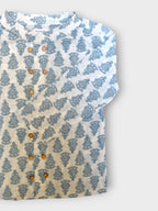 Boys White Motif Full Sleeves Mandarin Collar Double Button Shirt