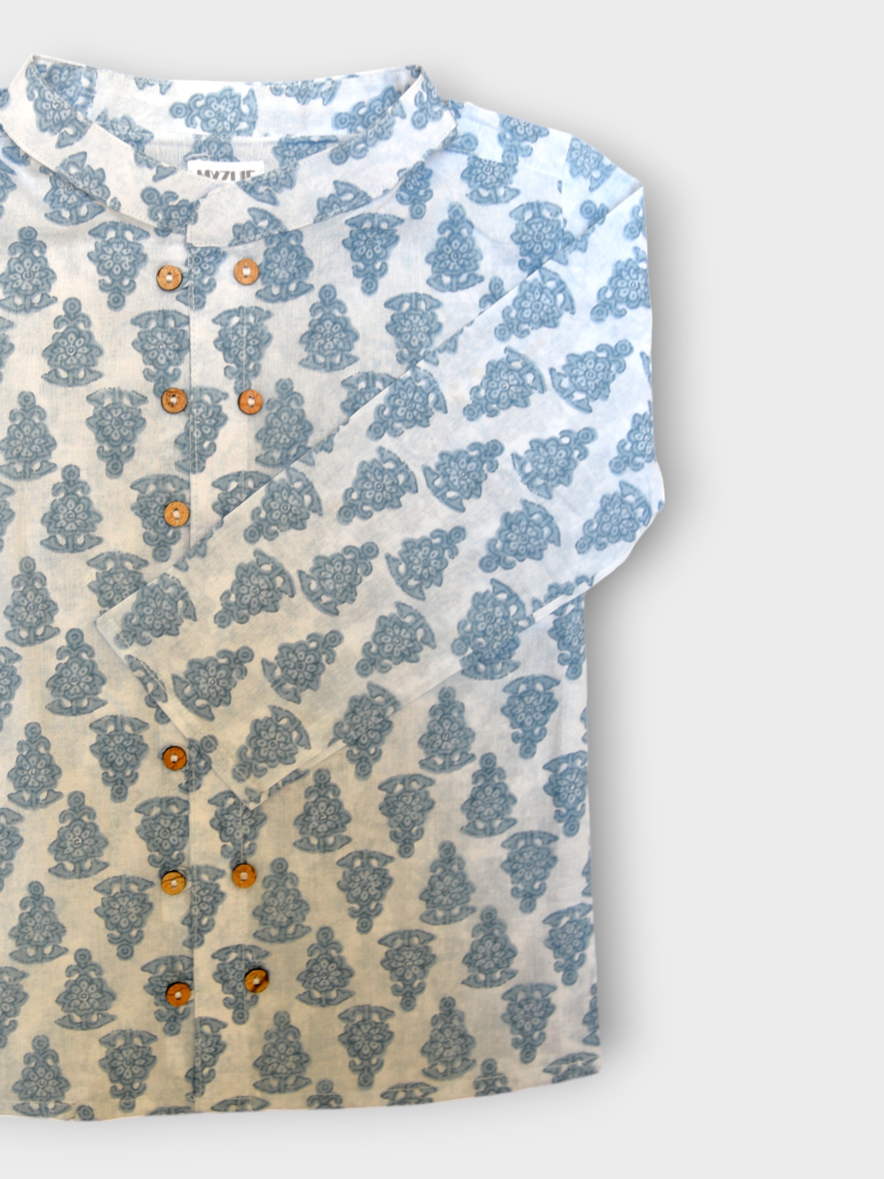 Boys White Motif Full Sleeves Mandarin Collar Double Button Shirt