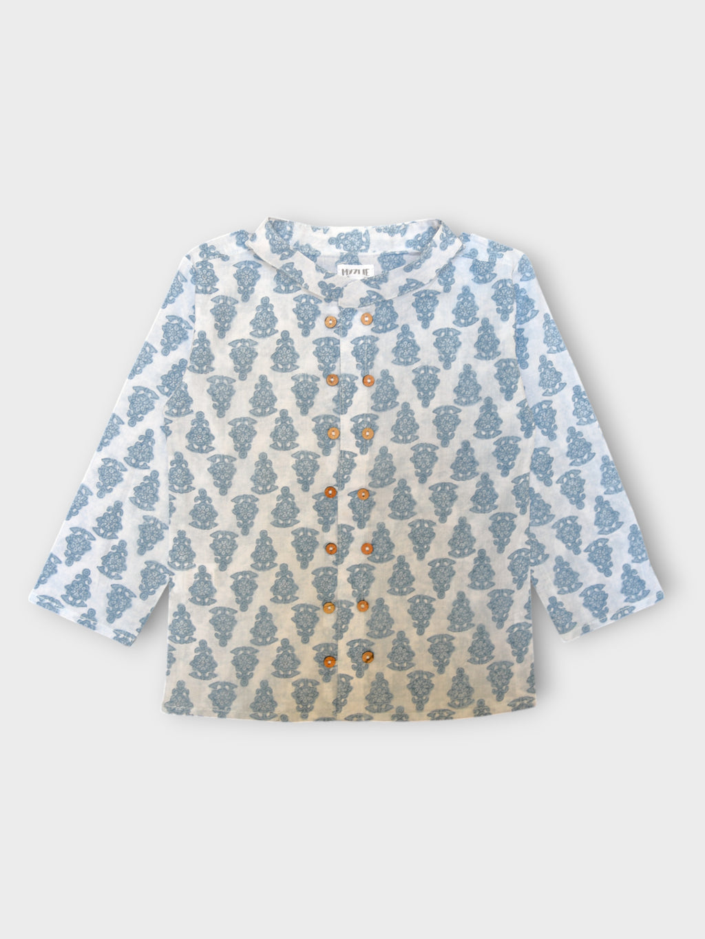 Boys White Motif Full Sleeves Mandarin Collar Double Button Shirt