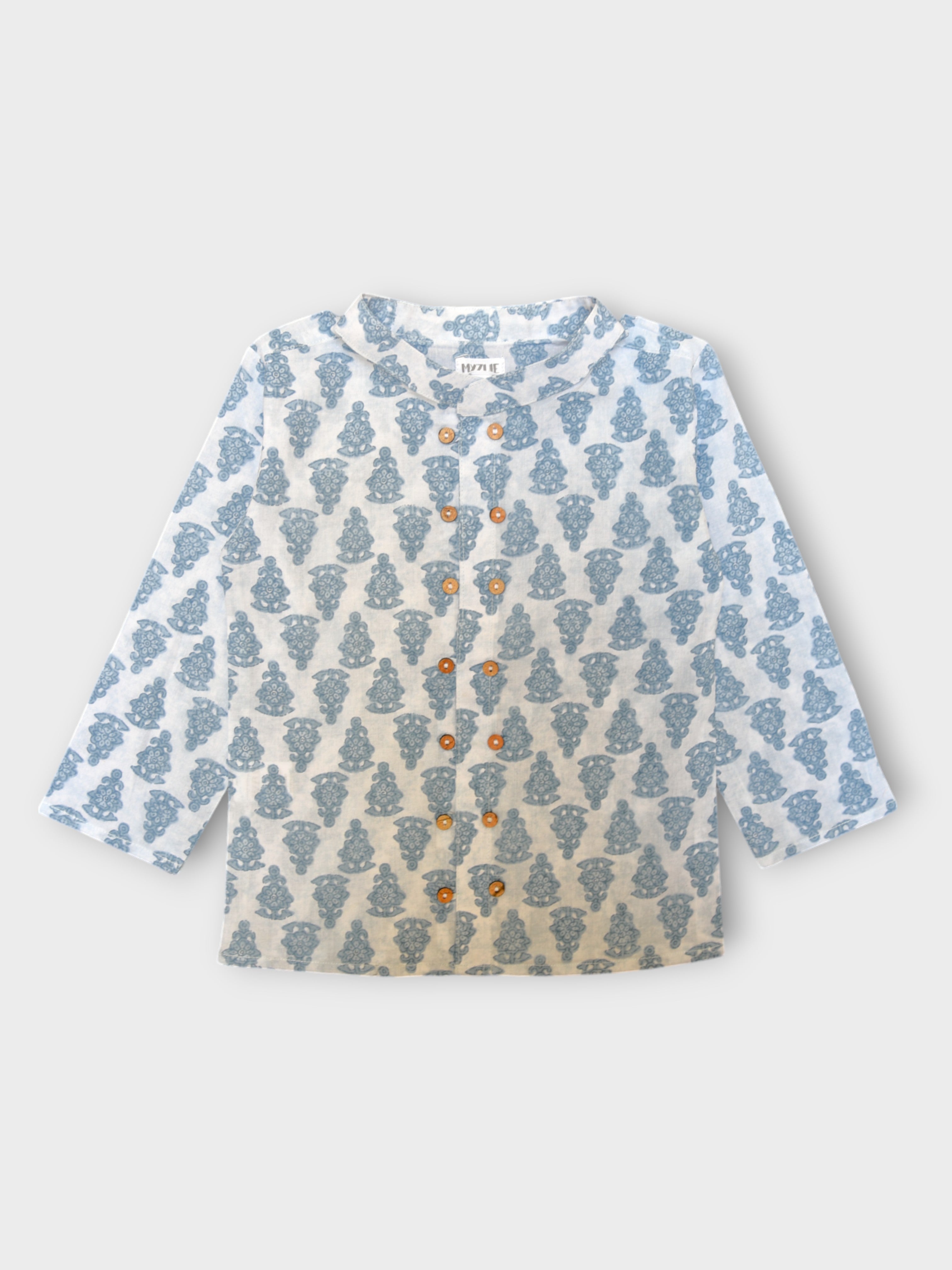 Boys White Motif Full Sleeves Mandarin Collar Double Button Shirt