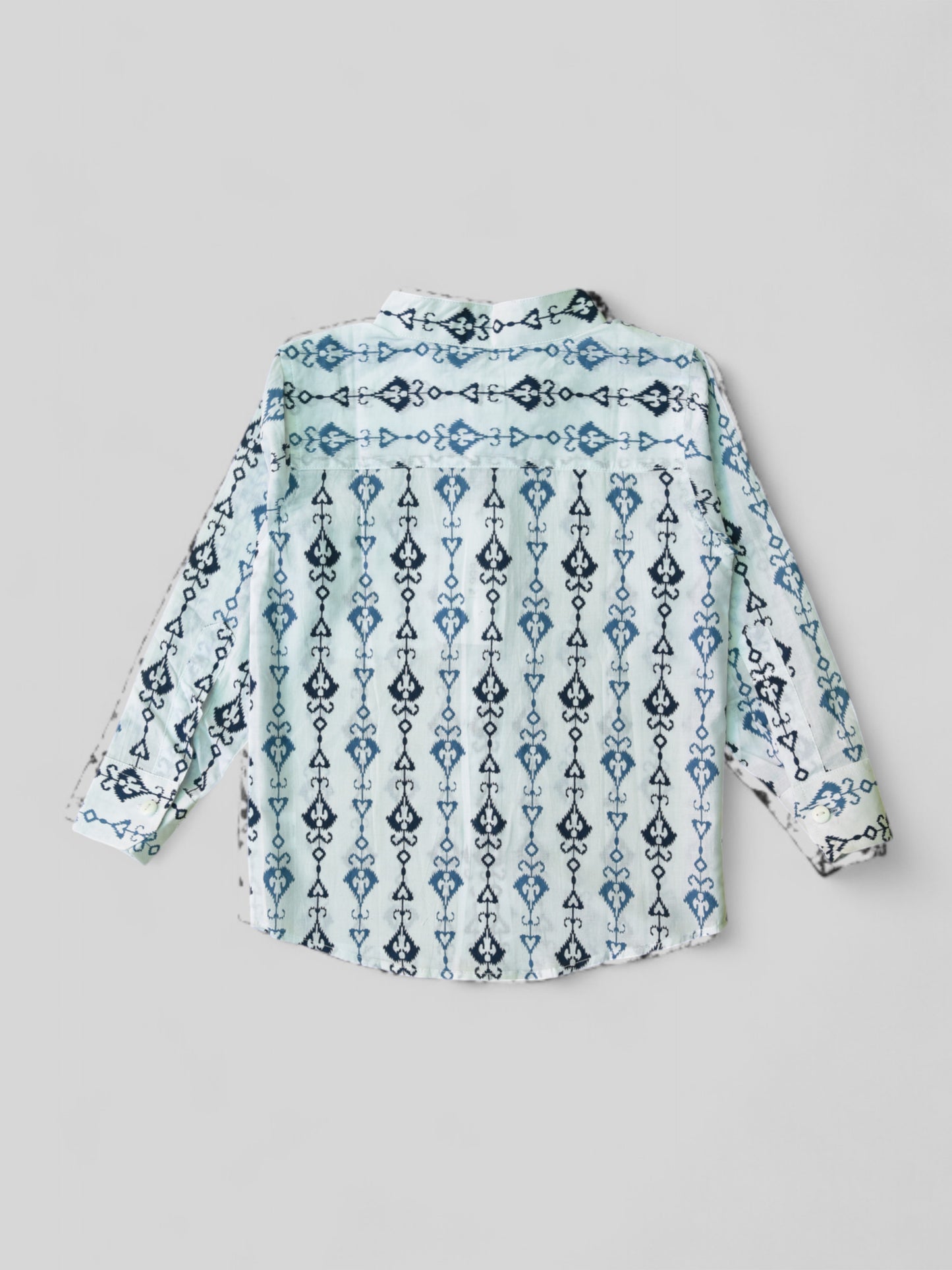 Boys White Tribal Arrow Cuff Full Sleeves Band Collar Shirt