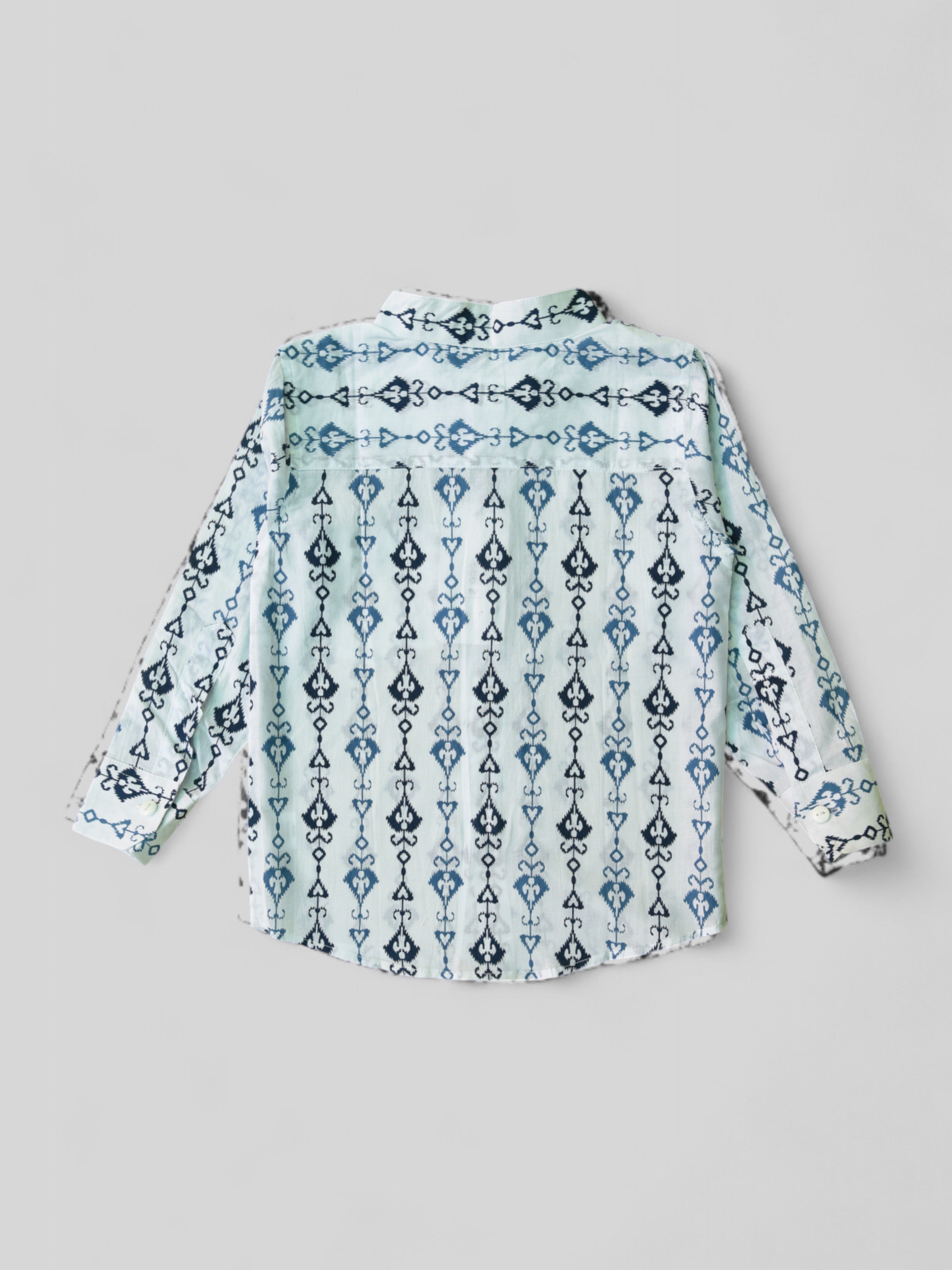 Boys White Tribal Arrow Cuff Full Sleeves Band Collar Shirt
