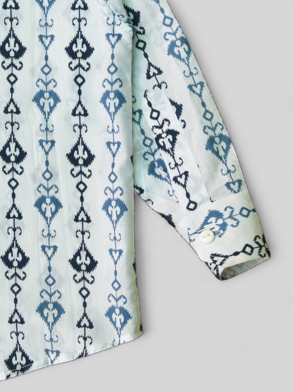 Boys White Tribal Arrow Cuff Full Sleeves Band Collar Shirt