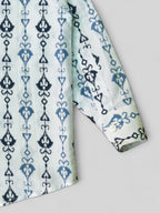 Boys White Tribal Arrow Cuff Full Sleeves Band Collar Shirt