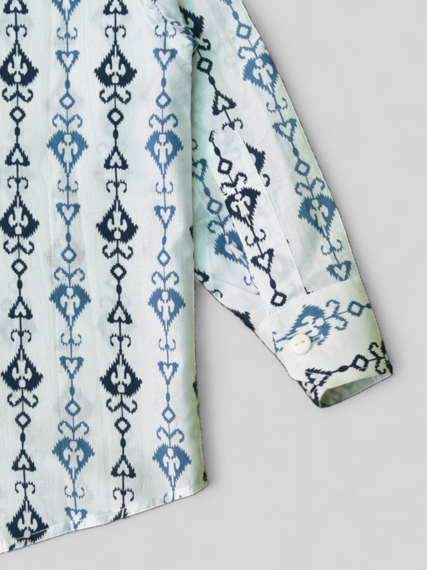 Boys White Tribal Arrow Cuff Full Sleeves Band Collar Shirt