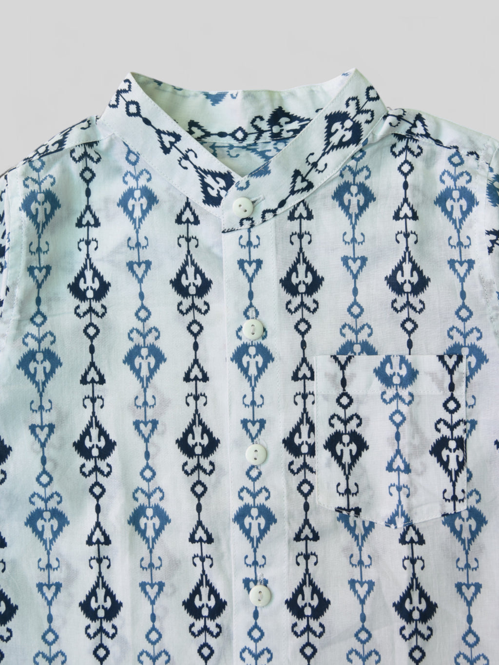 Boys White Tribal Arrow Cuff Full Sleeves Band Collar Shirt