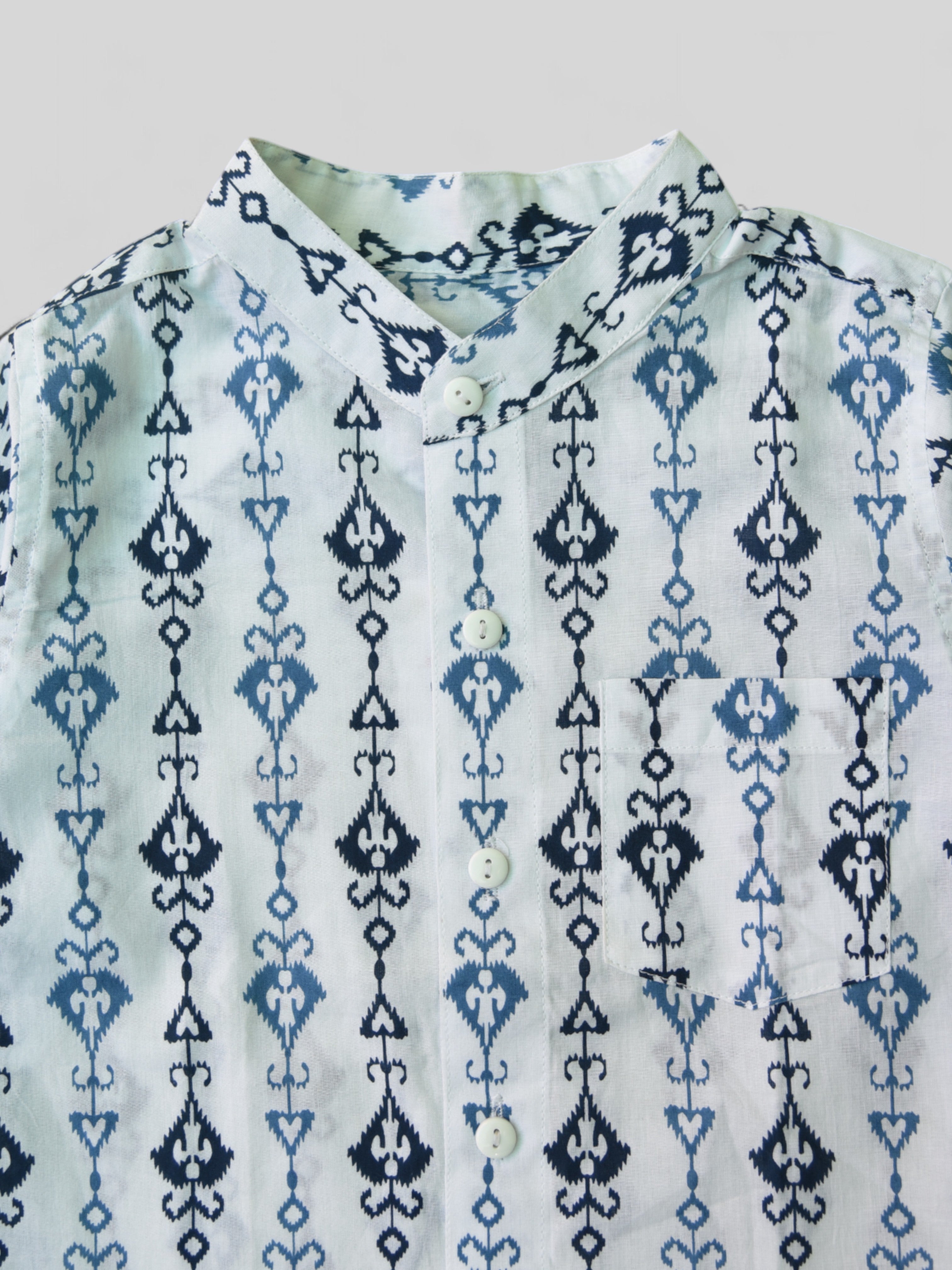 Boys White Tribal Arrow Cuff Full Sleeves Band Collar Shirt