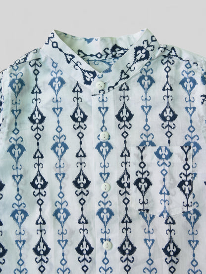 Boys White Tribal Arrow Cuff Full Sleeves Band Collar Shirt