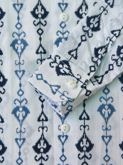 Boys White Tribal Arrow Cuff Full Sleeves Band Collar Shirt