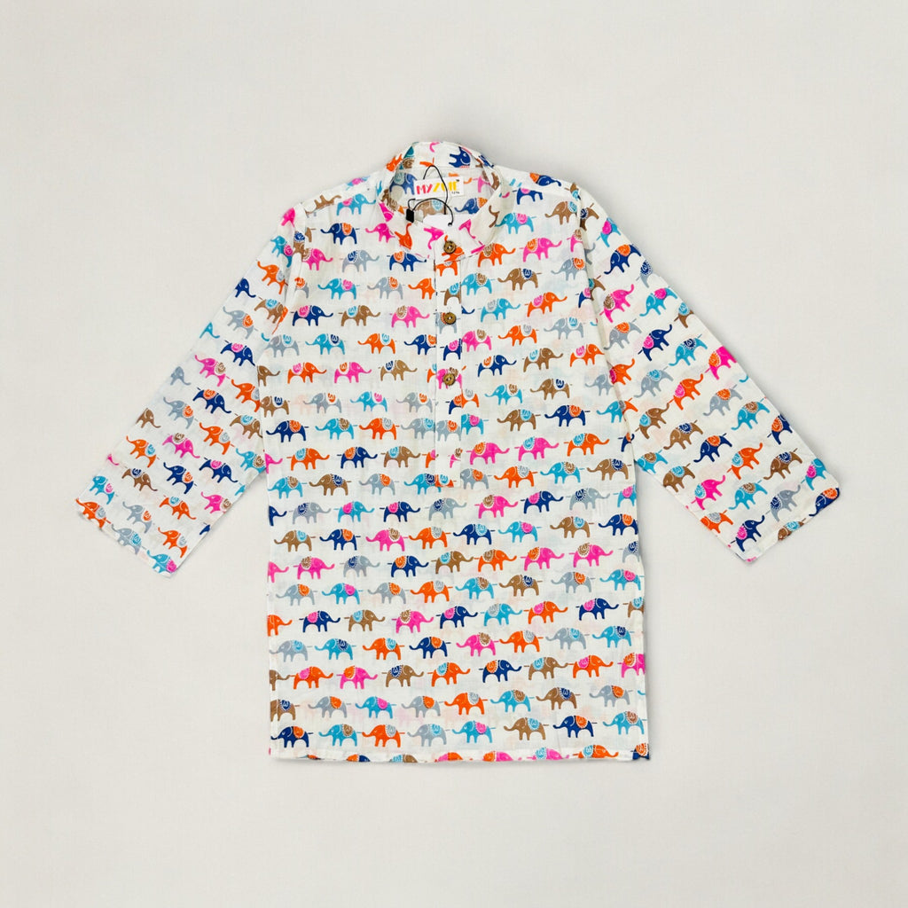 Boys White Blue Pink Elephant Kurta Set