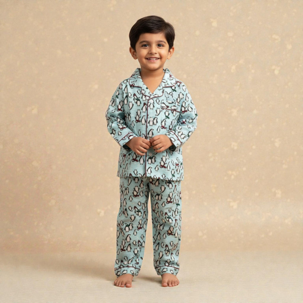 Kids Blue Penguin Flannel Night Suit
