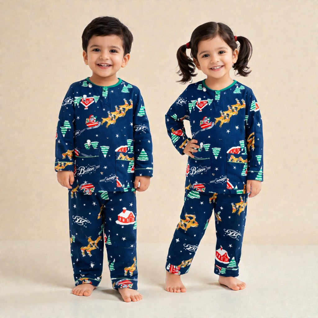 Kids Navy Blue Flannel Night suit