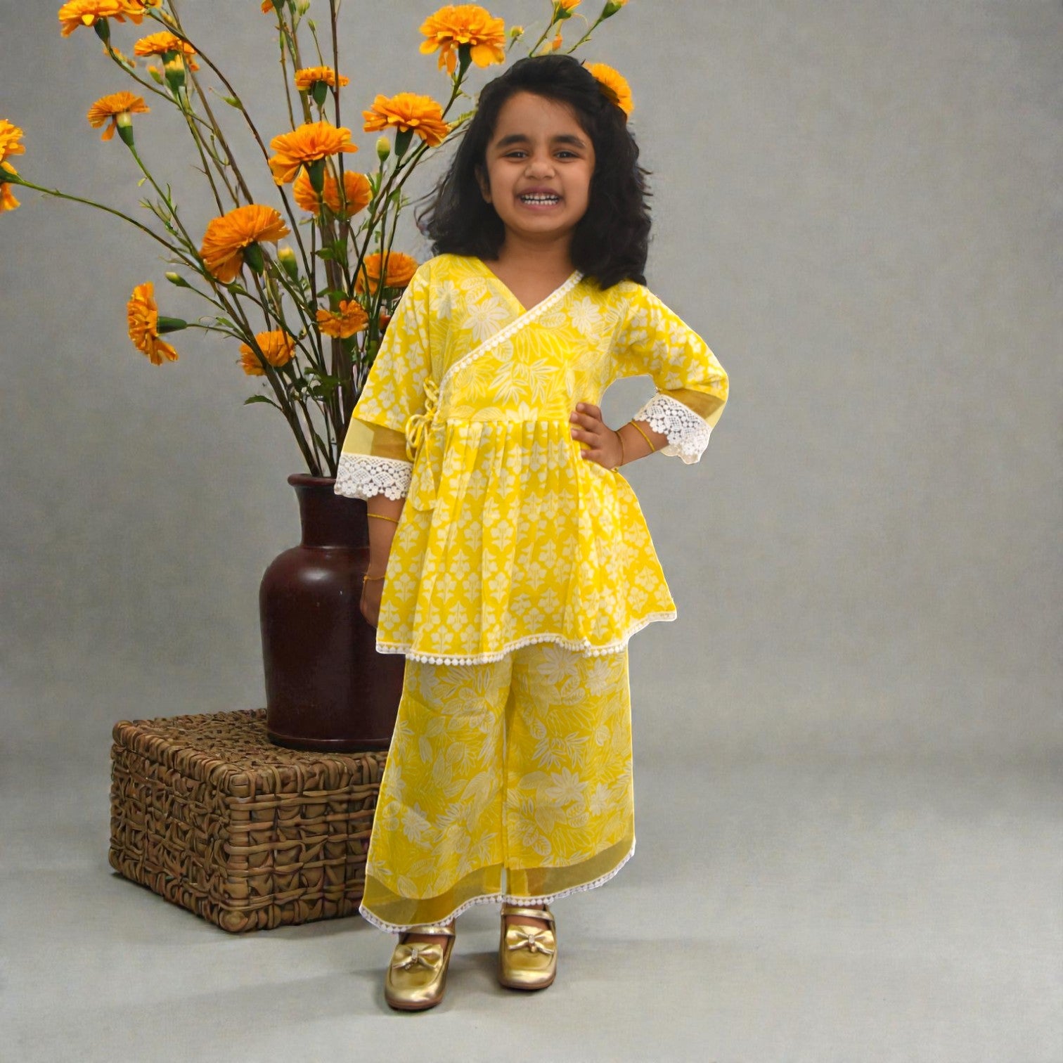 Lemon Yellow  Motif Angrakha Culottes