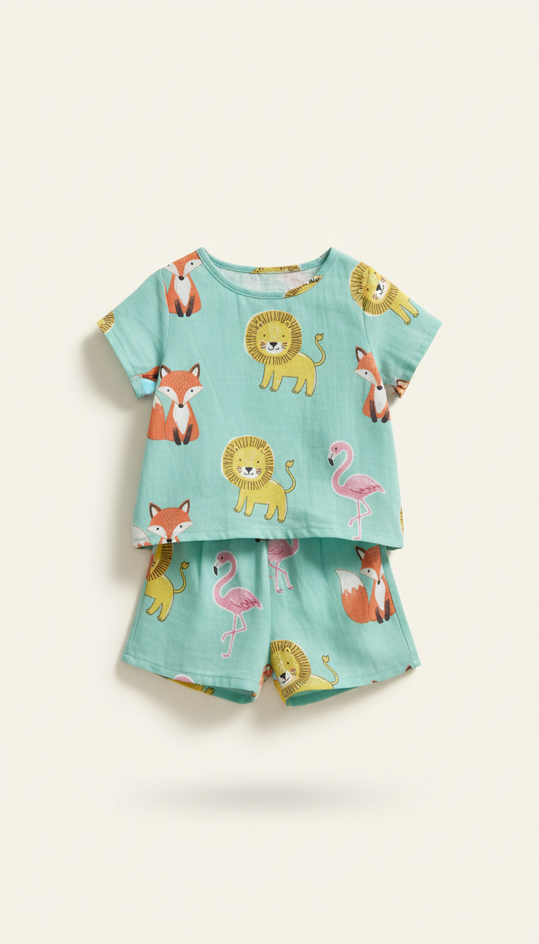 Minty fresh play shorts set with animal motif