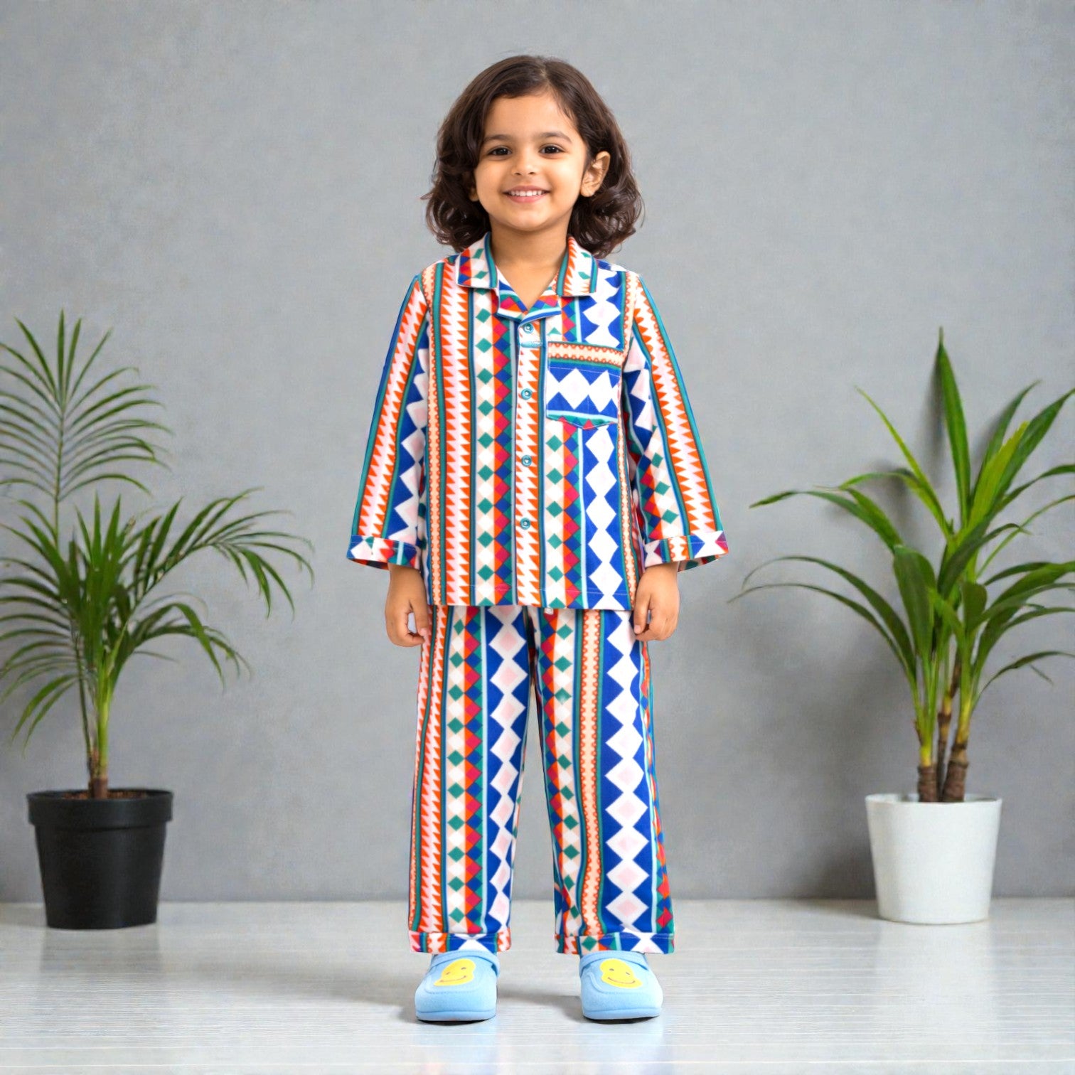 Kids Multicolour Abstract Flannel Night Suit