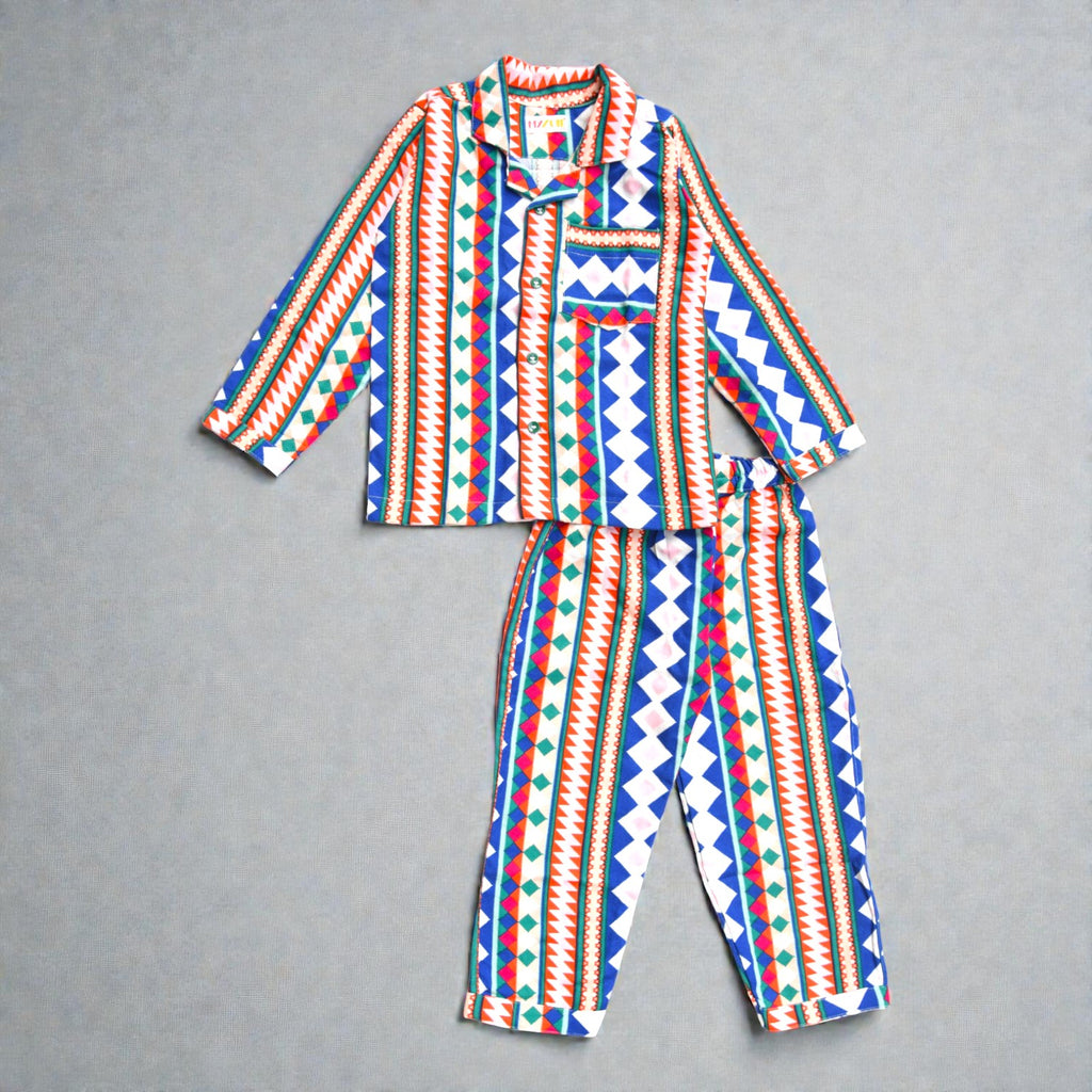 Kids Multicolour Abstract Flannel Night Suit