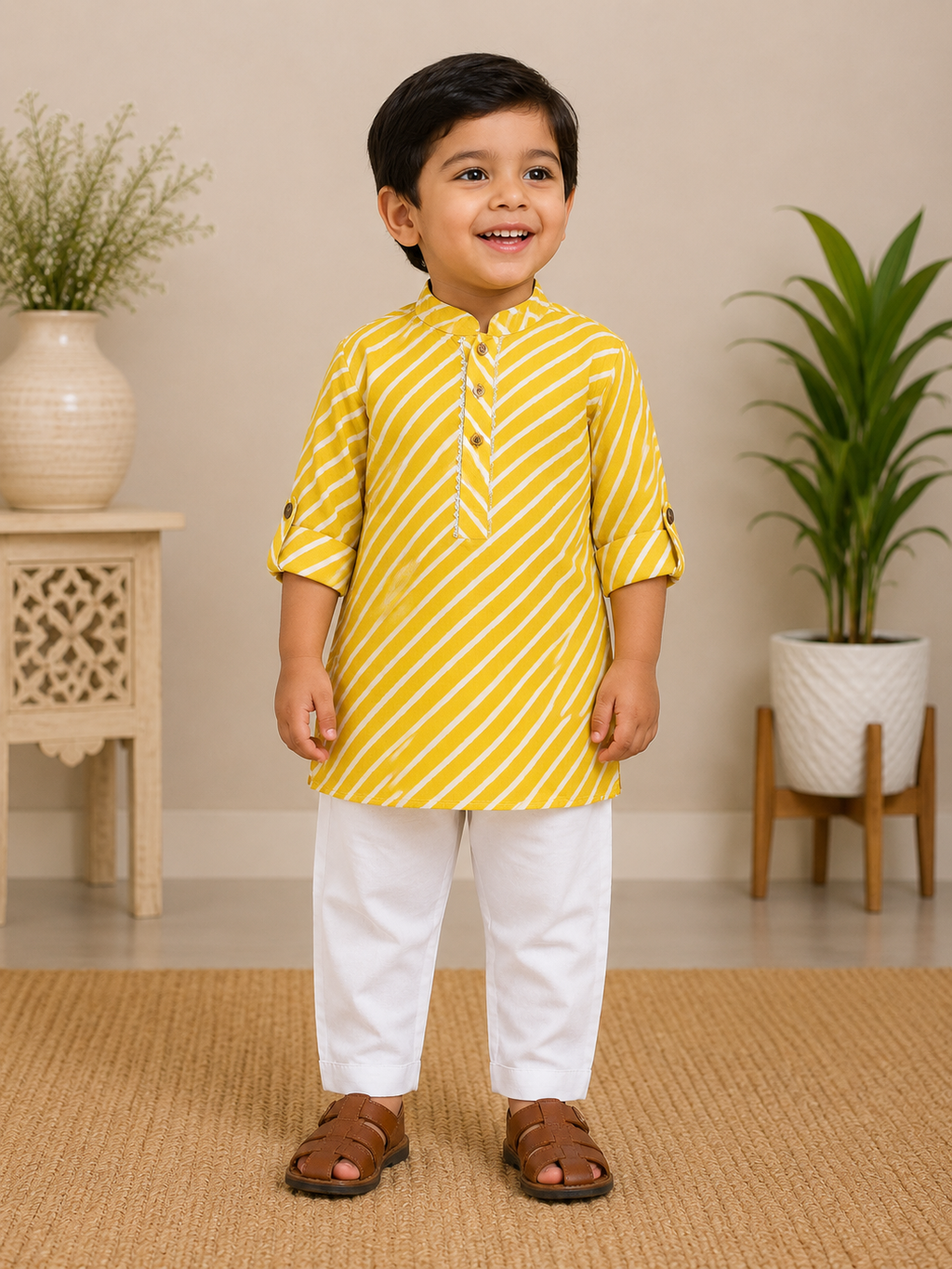 Boys Yellow Leheriya Kurta Set