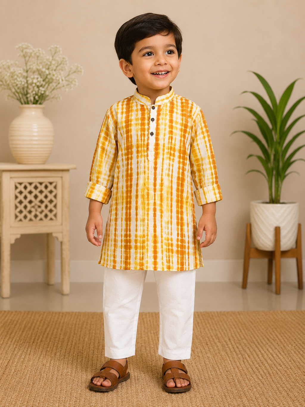Boys Mustard Shibori Kurta Set