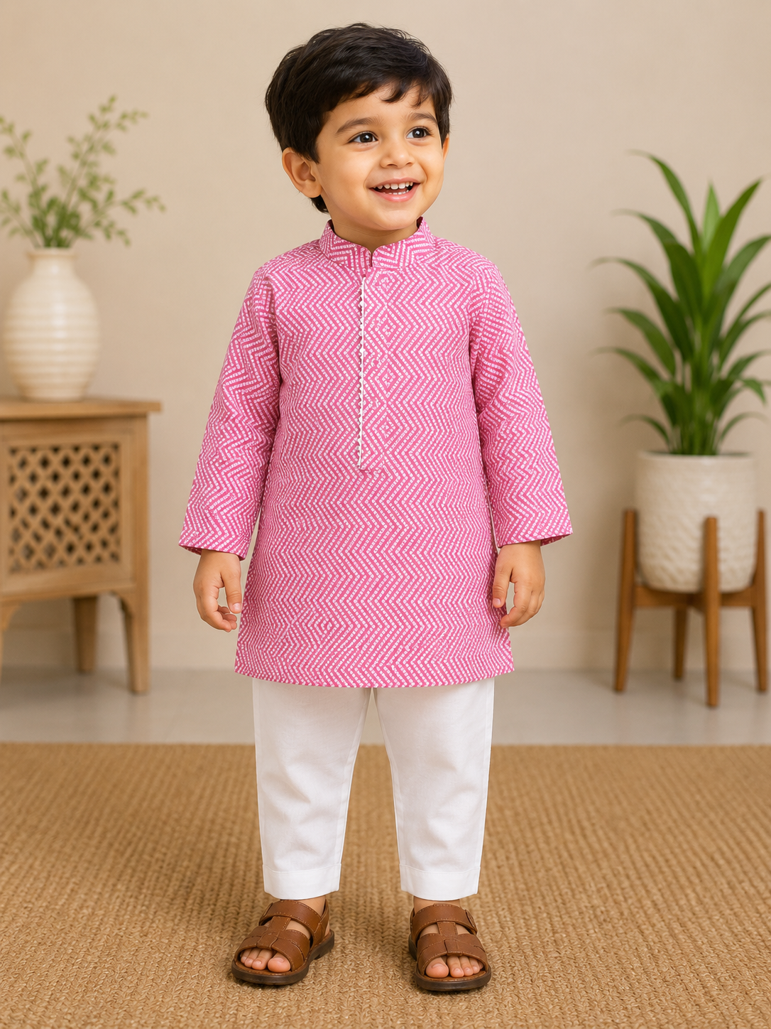 Boys Pink Bandhej Kurta Set