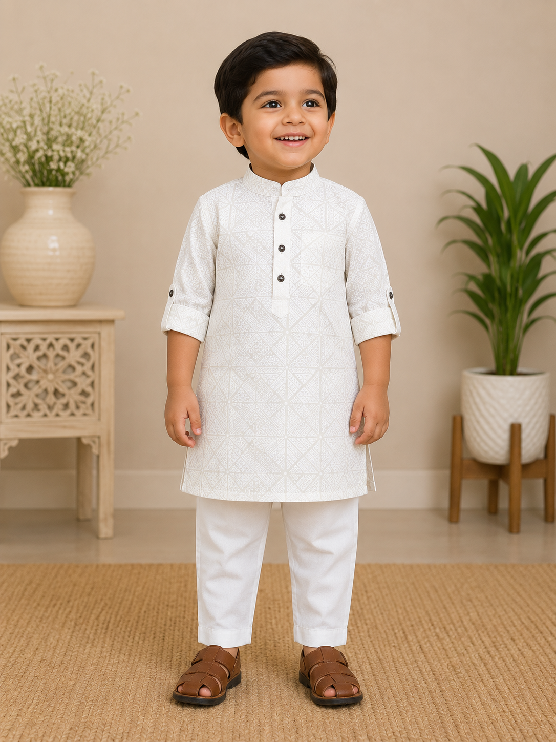 Boys White Self Print Kurta Set
