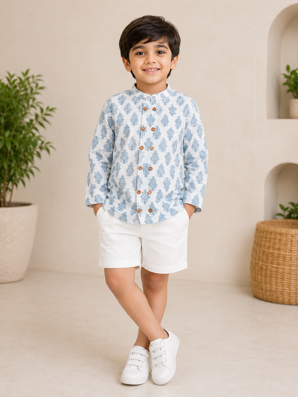 Boys White Motif Full Sleeves Mandarin Collar Double Button Shirt
