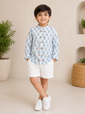 Boys White Motif Full Sleeves Mandarin Collar Double Button Shirt