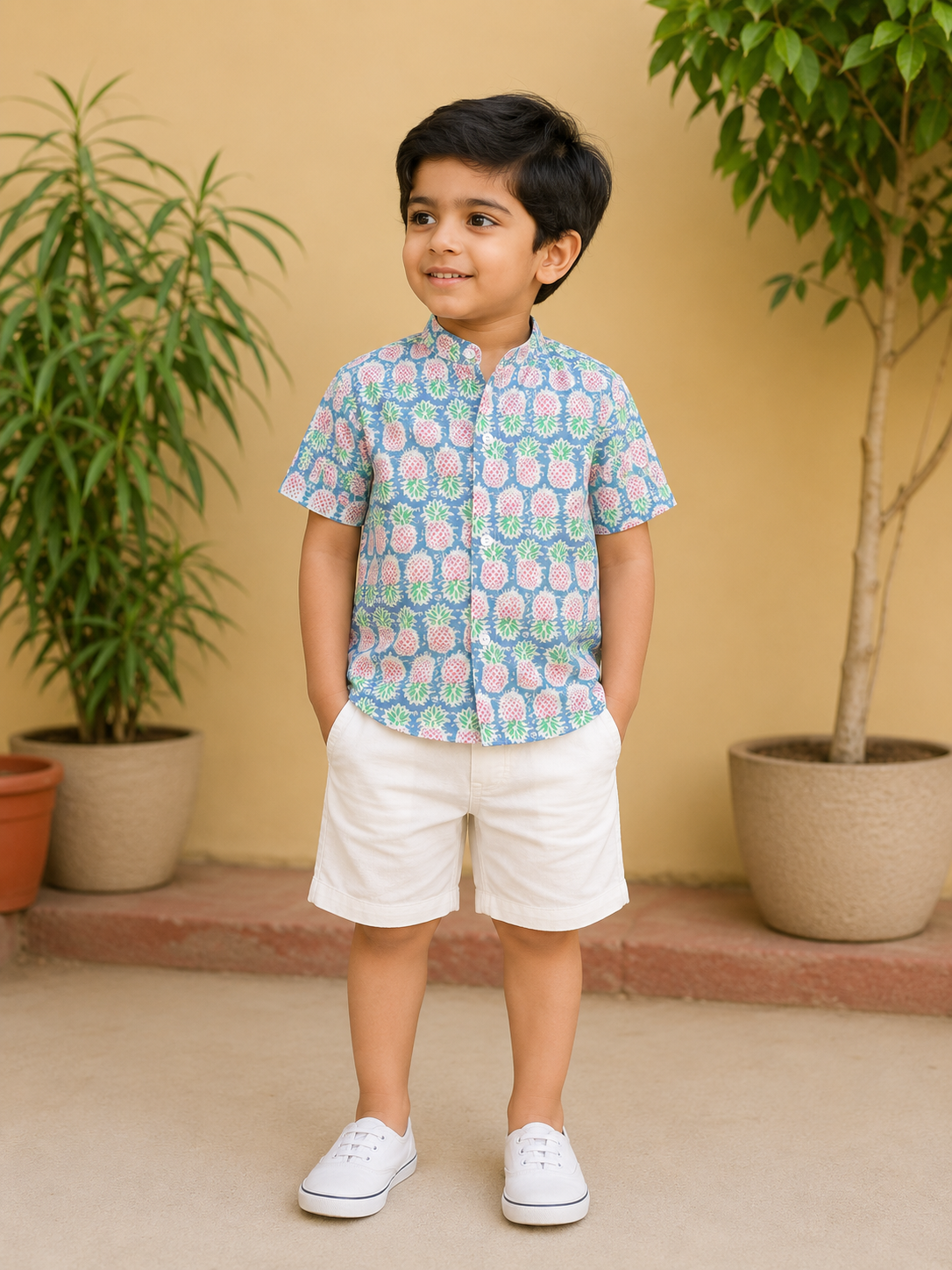 Boys Pineapple Half Sleeves Spread Collar Shirt