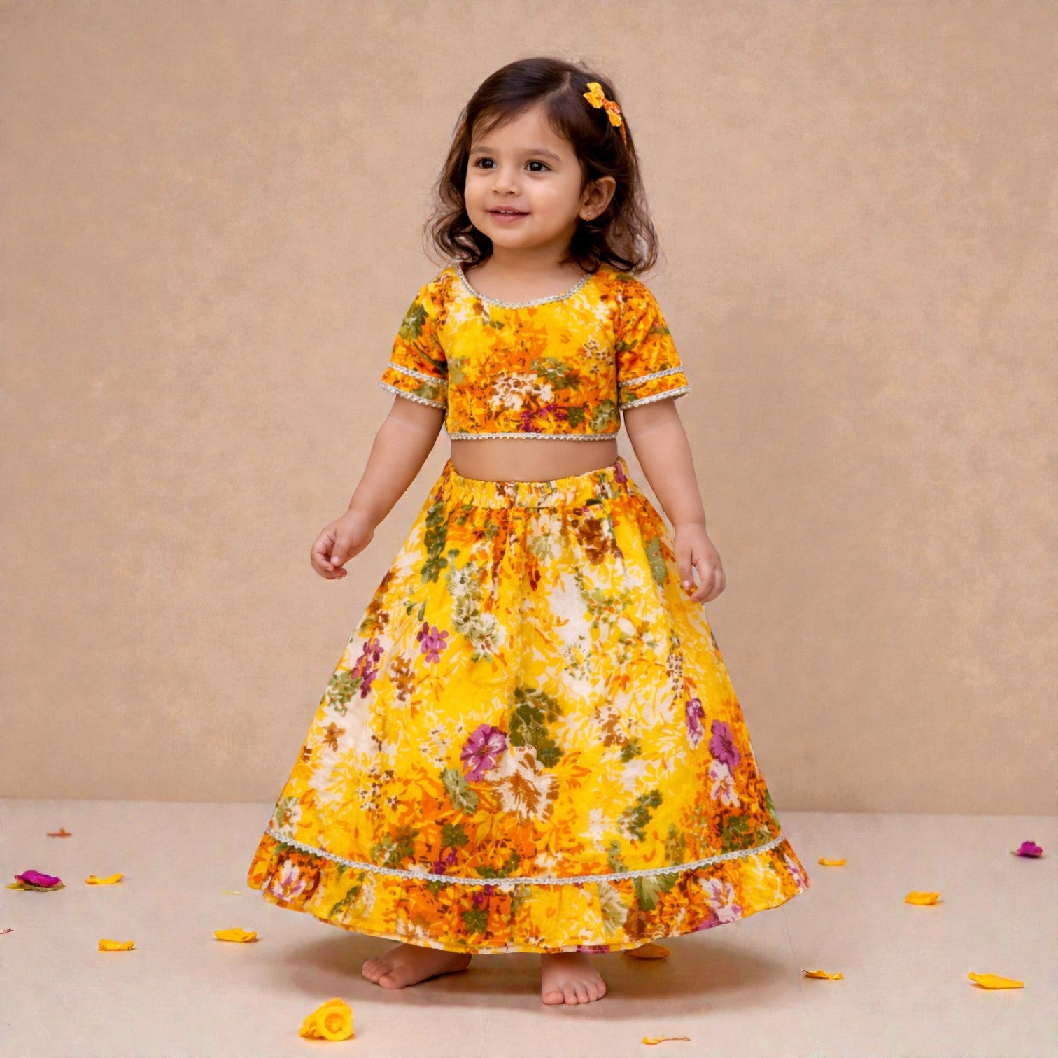 Yellow Floral Dobby Lehenga with Tie up Choli and Dupatta set