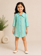 Girls Aqua Long Collar Shirt Dress