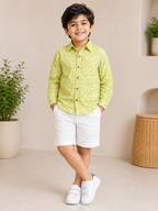 Boys Lime Floral Full Sleeves Spread Collar Shirt