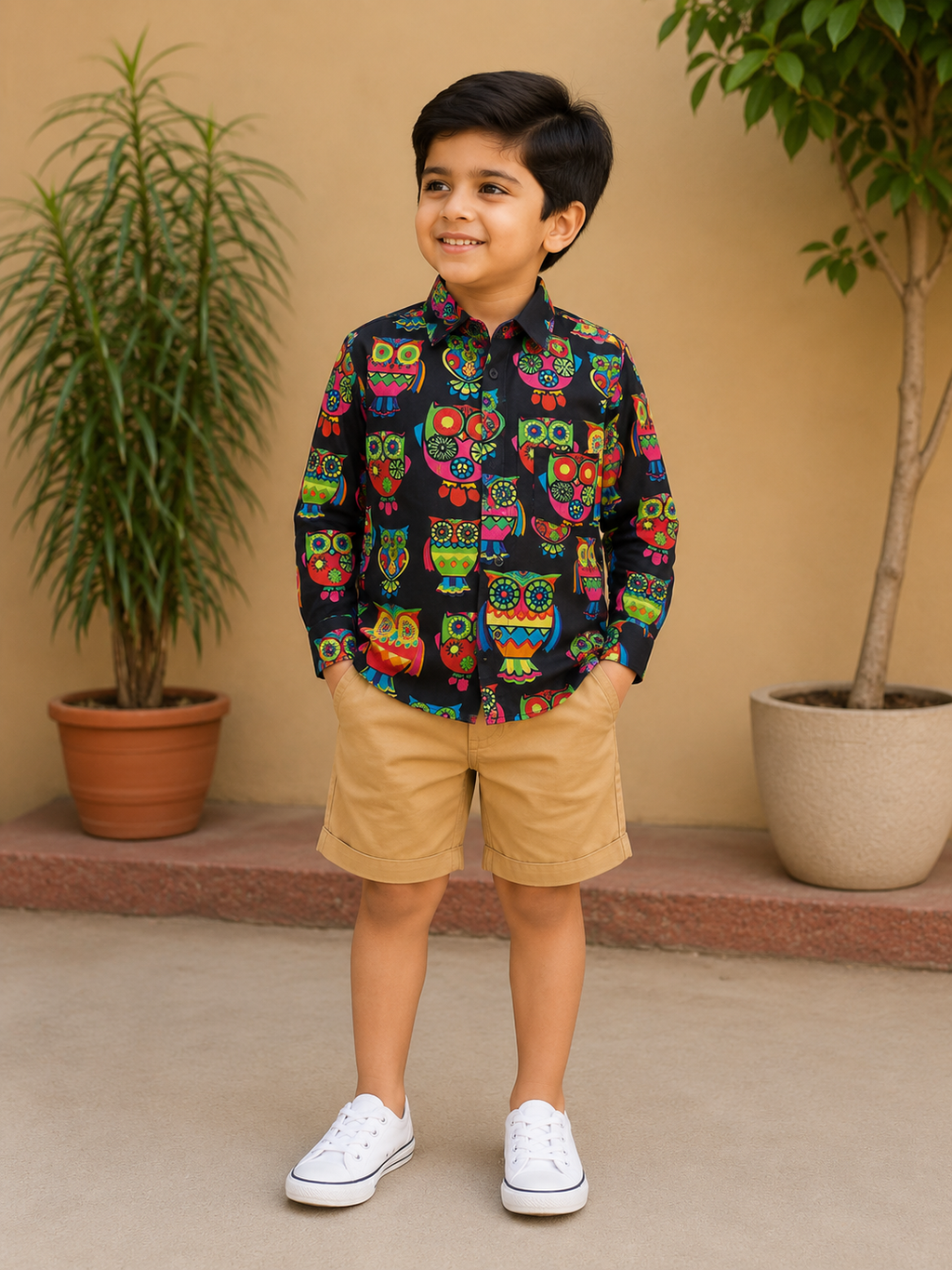 Boys Black Owl Full Sleeves Spread Collar Shirt