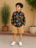 Boys Black Owl Full Sleeves Spread Collar Shirt