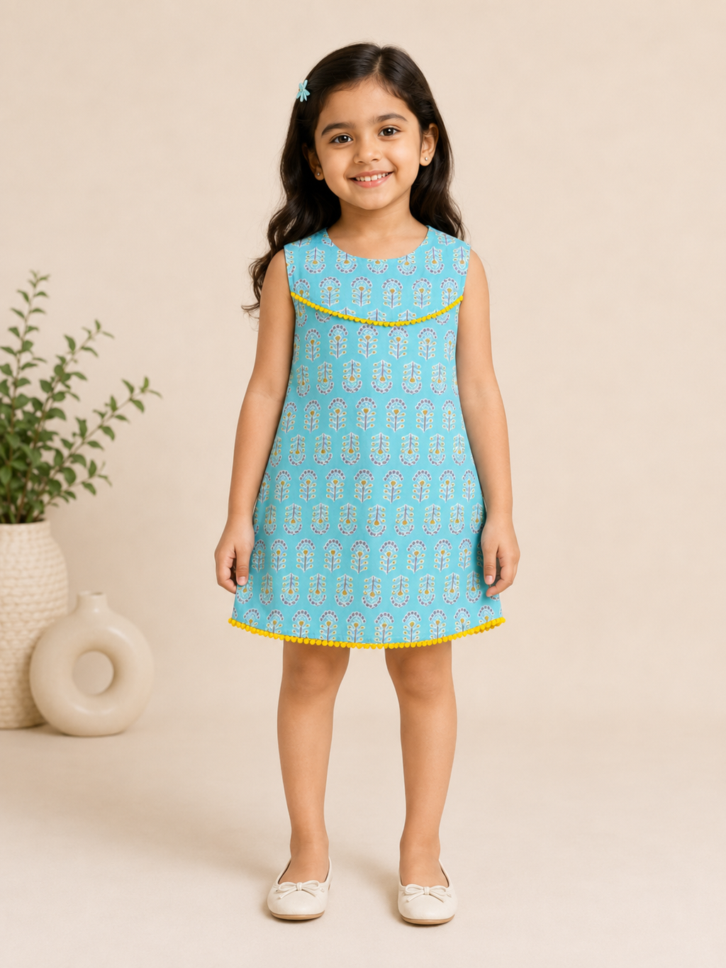 Girls Powder Blue A-line Dress With Pompom