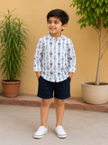 Boys White Tribal Arrow Cuff Full Sleeves Band Collar Shirt