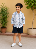 Boys White Tribal Arrow Cuff Full Sleeves Band Collar Shirt