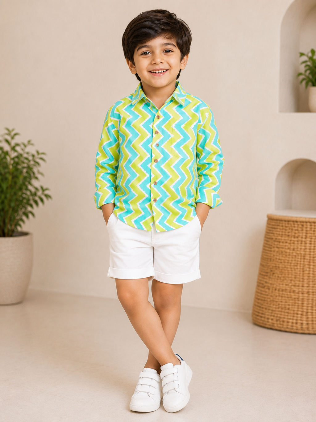 Boys Aqua Lime Chevron Spread Collar Full Sleeves Shirt