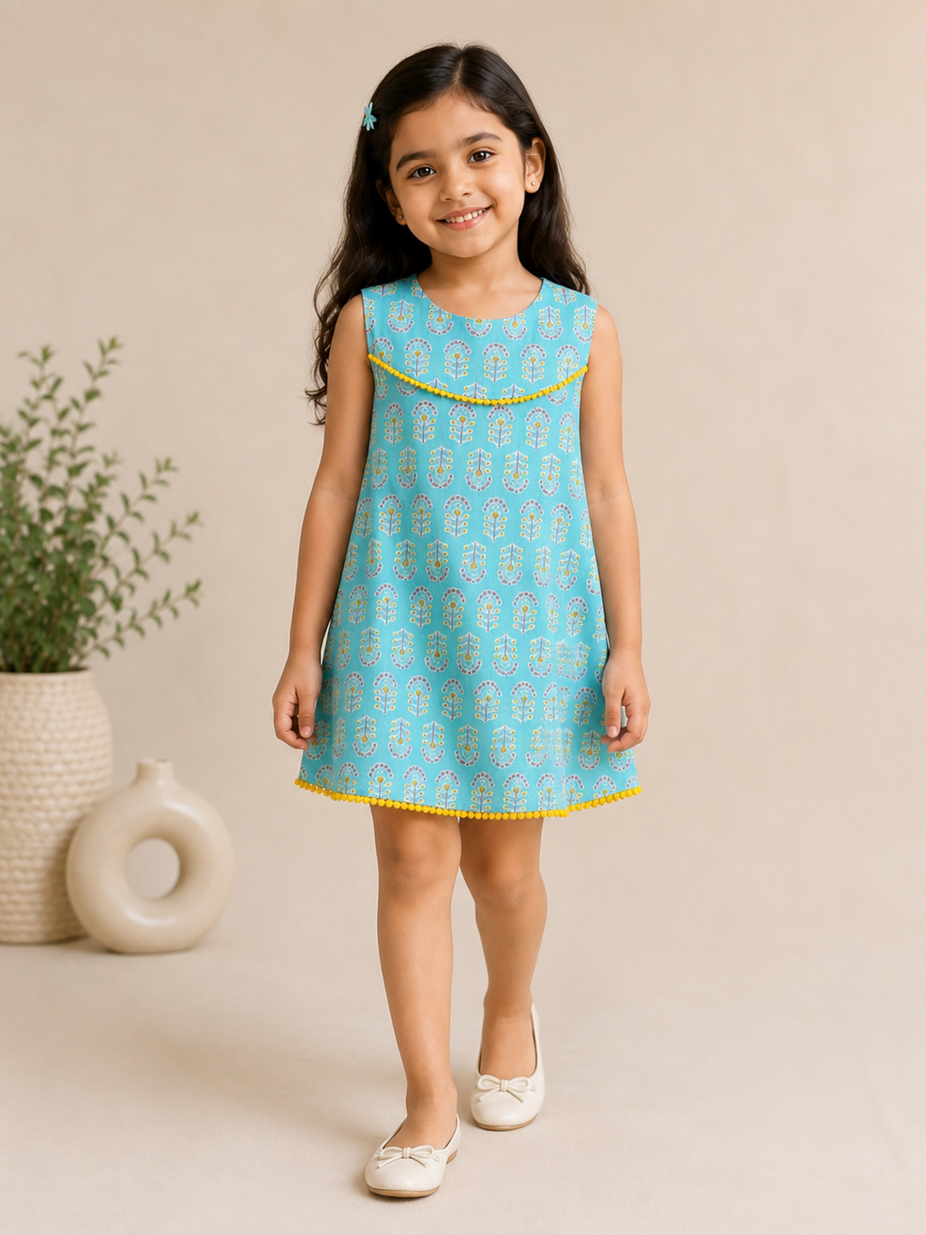 Girls Powder Blue A-line Dress With Pompom