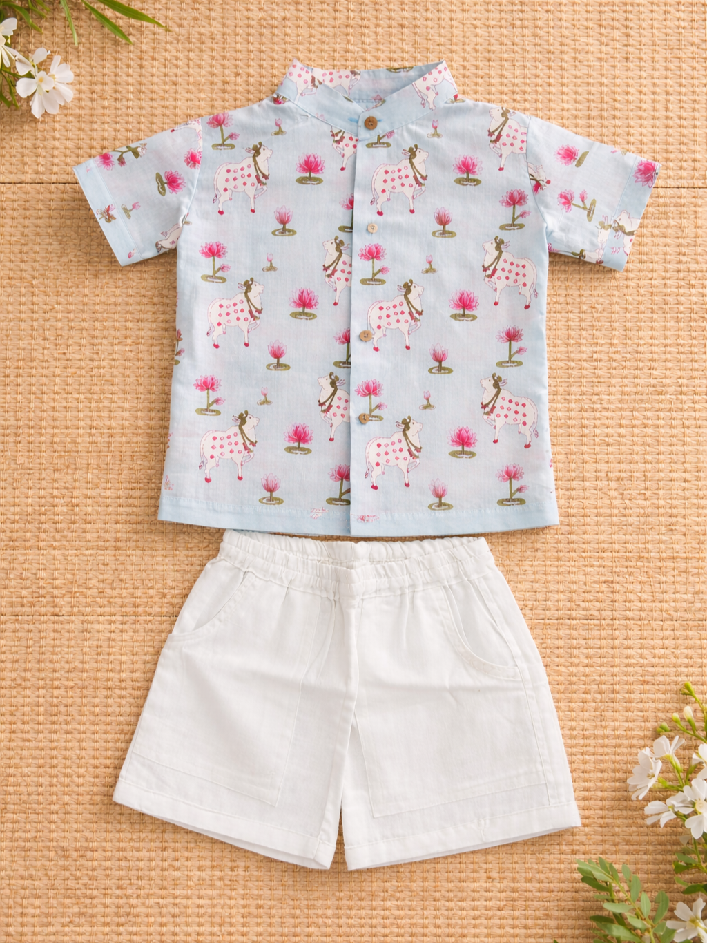 Blue Pichwai Print Boys Shorts Set