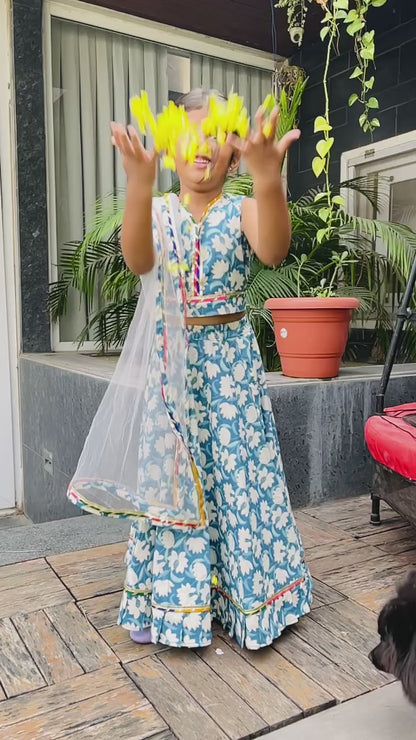 Girls Blue Floral Lehenga Set