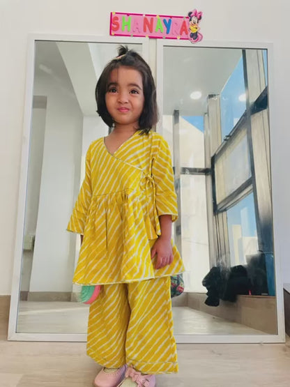 Girls Yellow Leheriya Angrakha Kurta Culottes Set