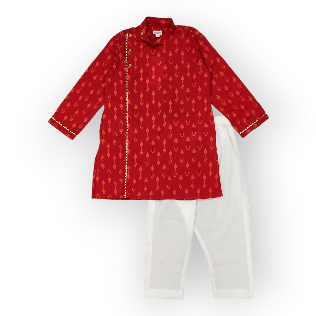 Boys Red Floral Awadh Neck Kurta Set