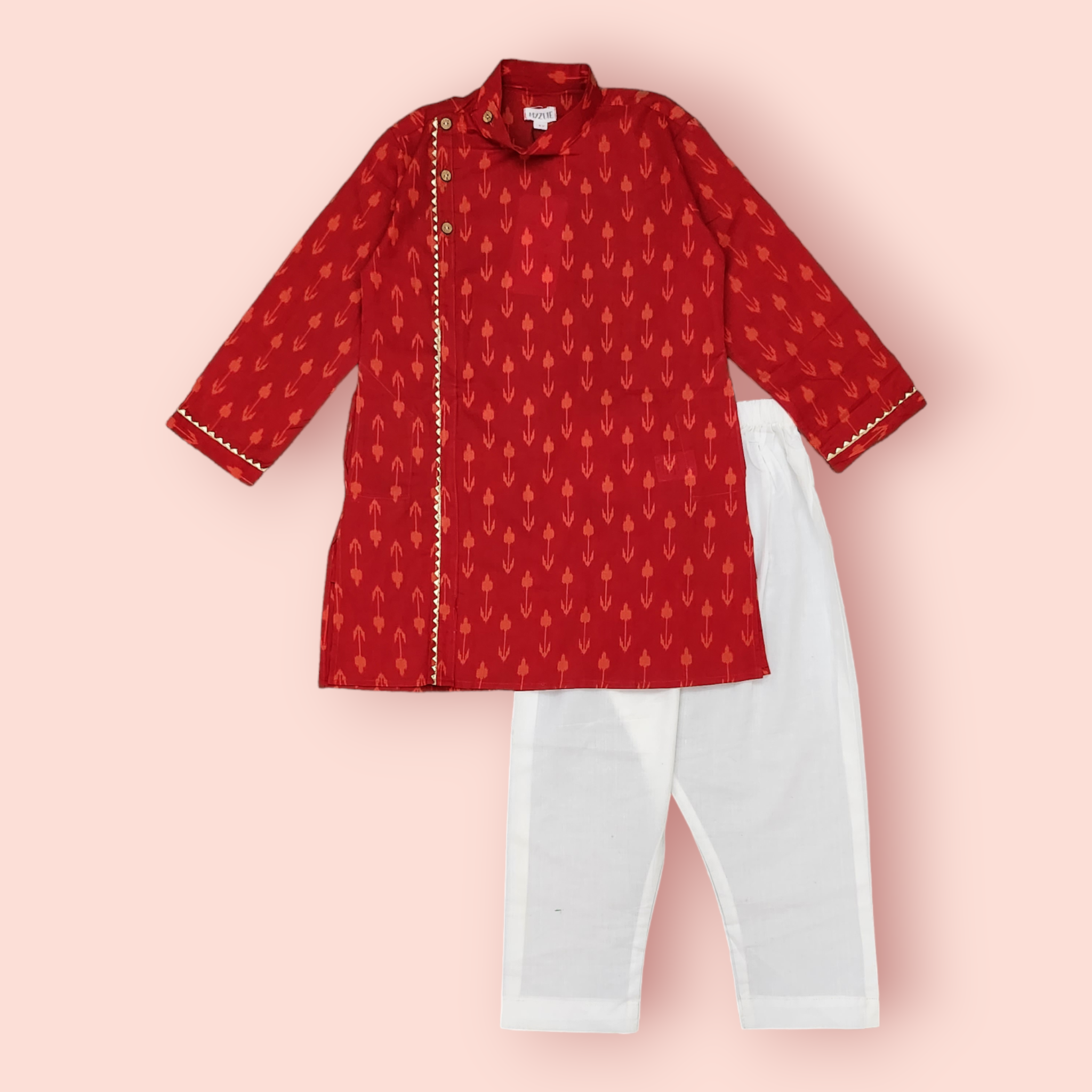 Boys Red Floral Awadh Neck Kurta Set