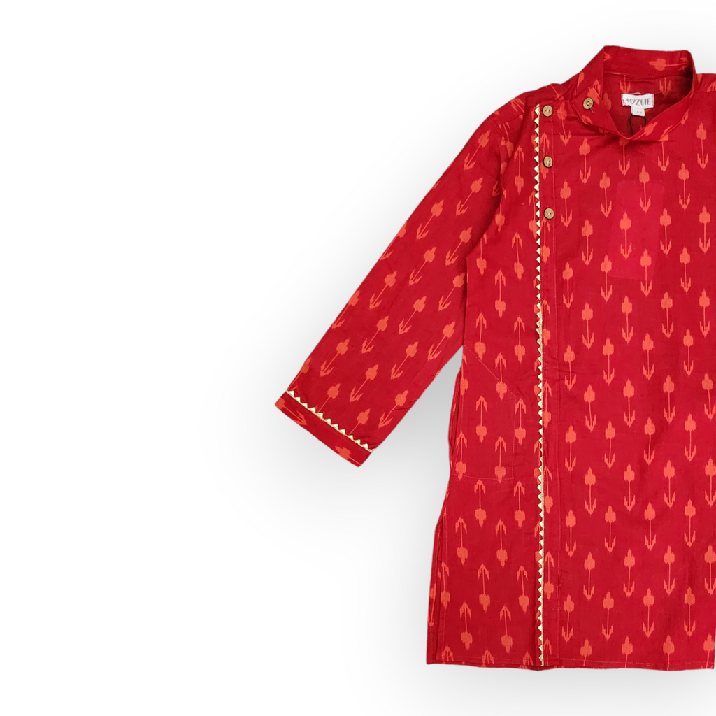 Boys Red Floral Awadh Neck Kurta Set