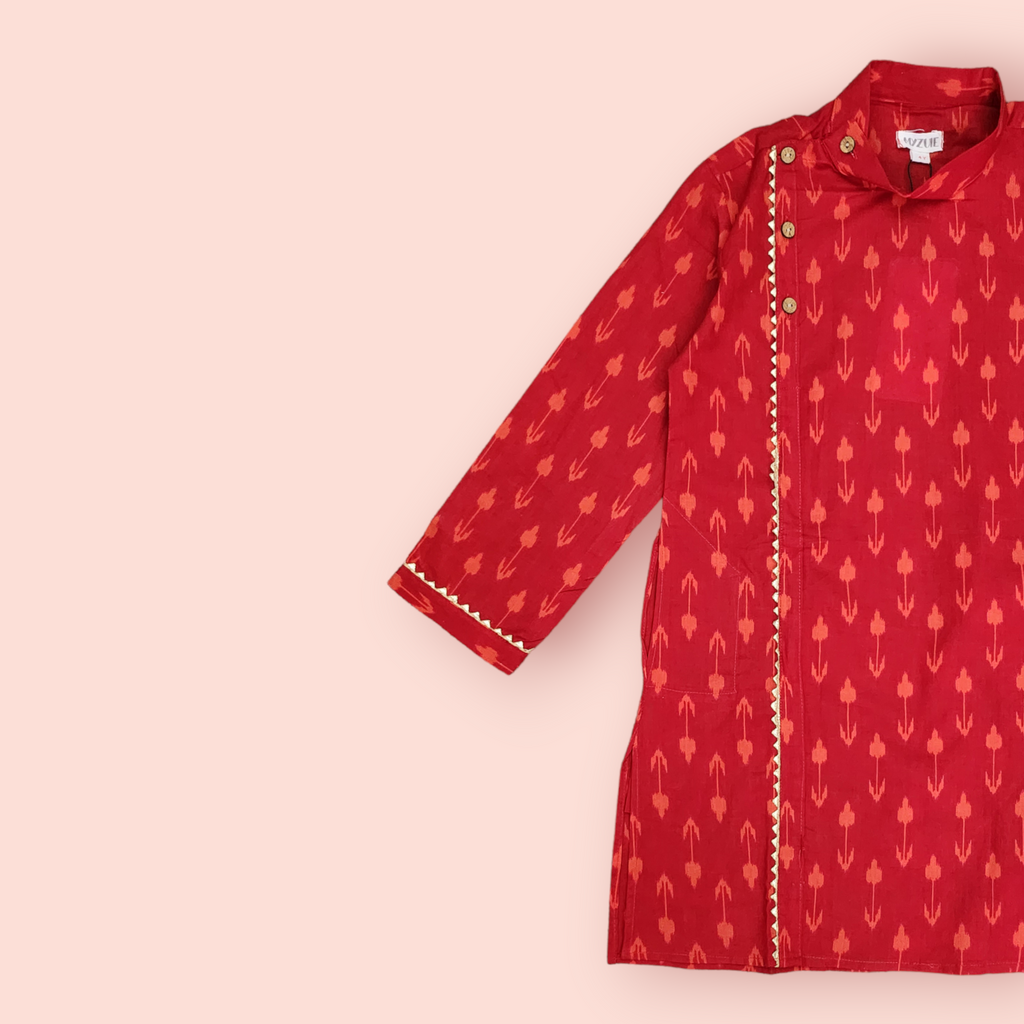 Boys Red Floral Awadh Neck Kurta Set