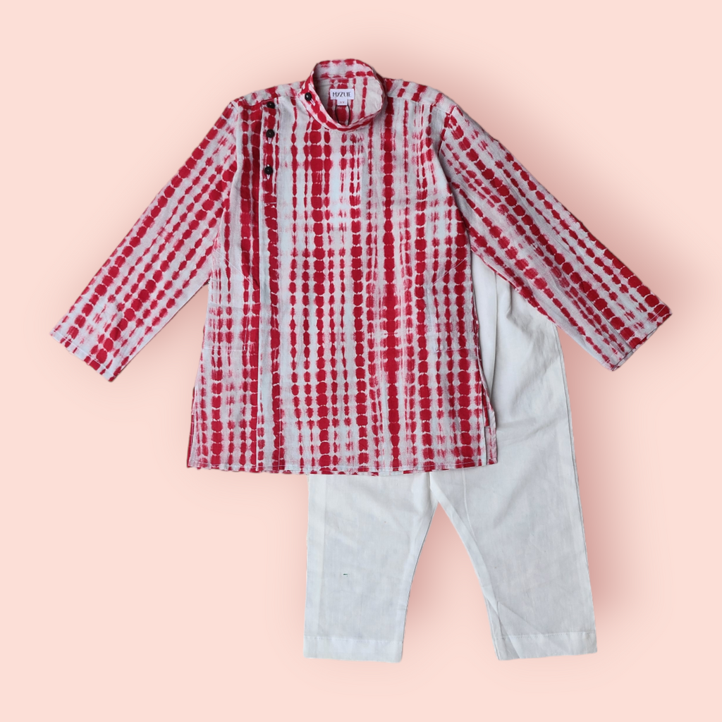 Boys Red Shibori Awadh Kurta Set