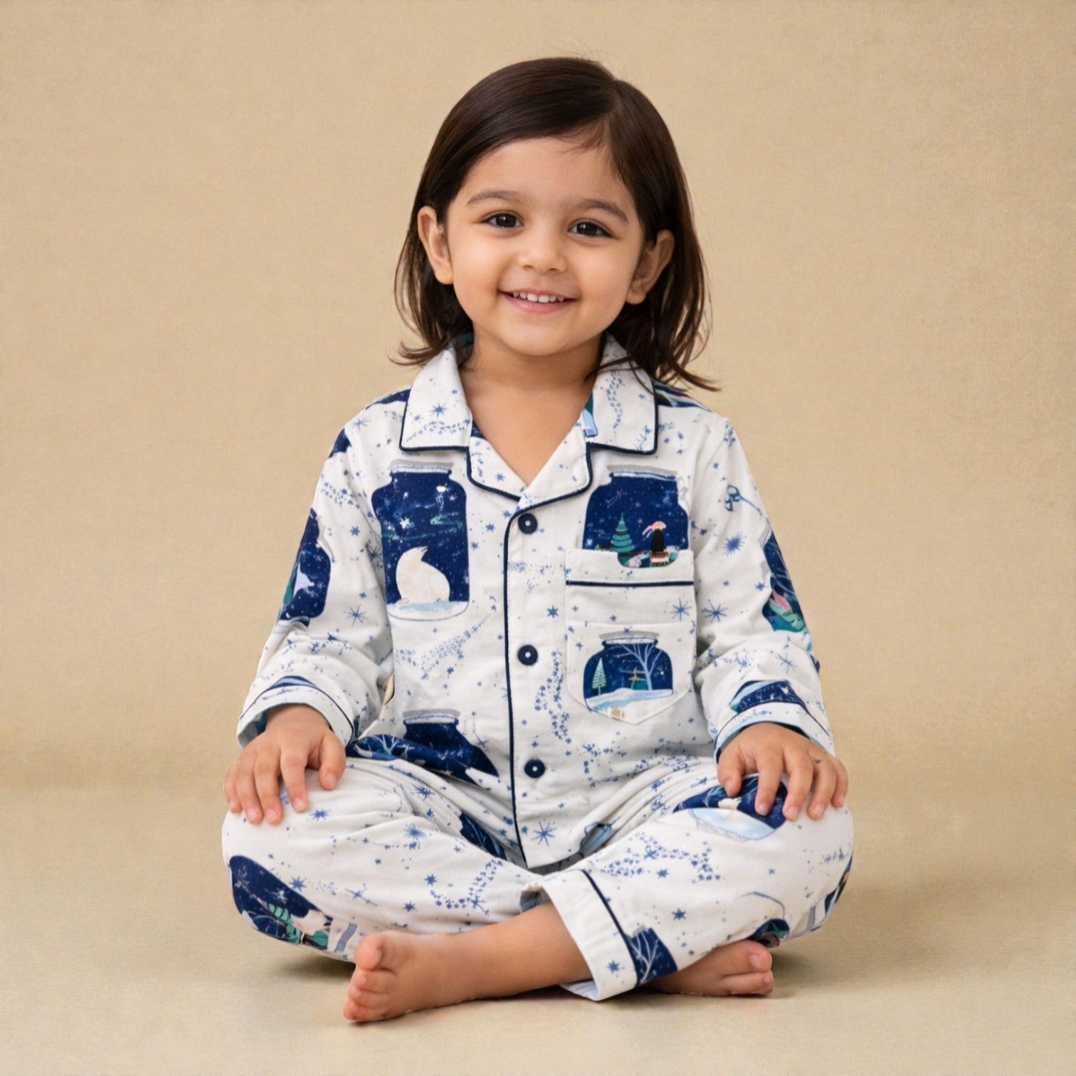 Kids White Snowglobe Flannel Nightsuit