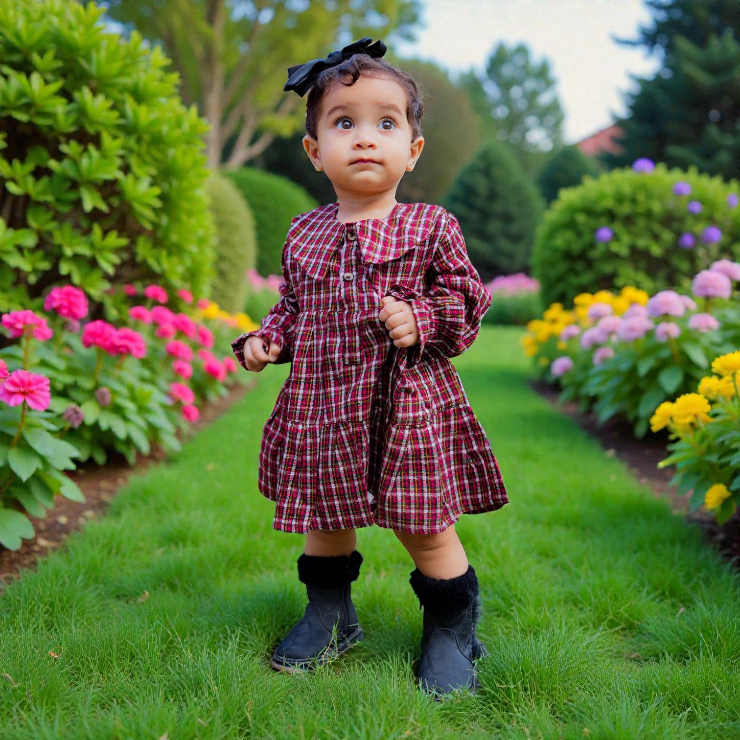 Girls Red White Checks Cotswool Tiered Dress