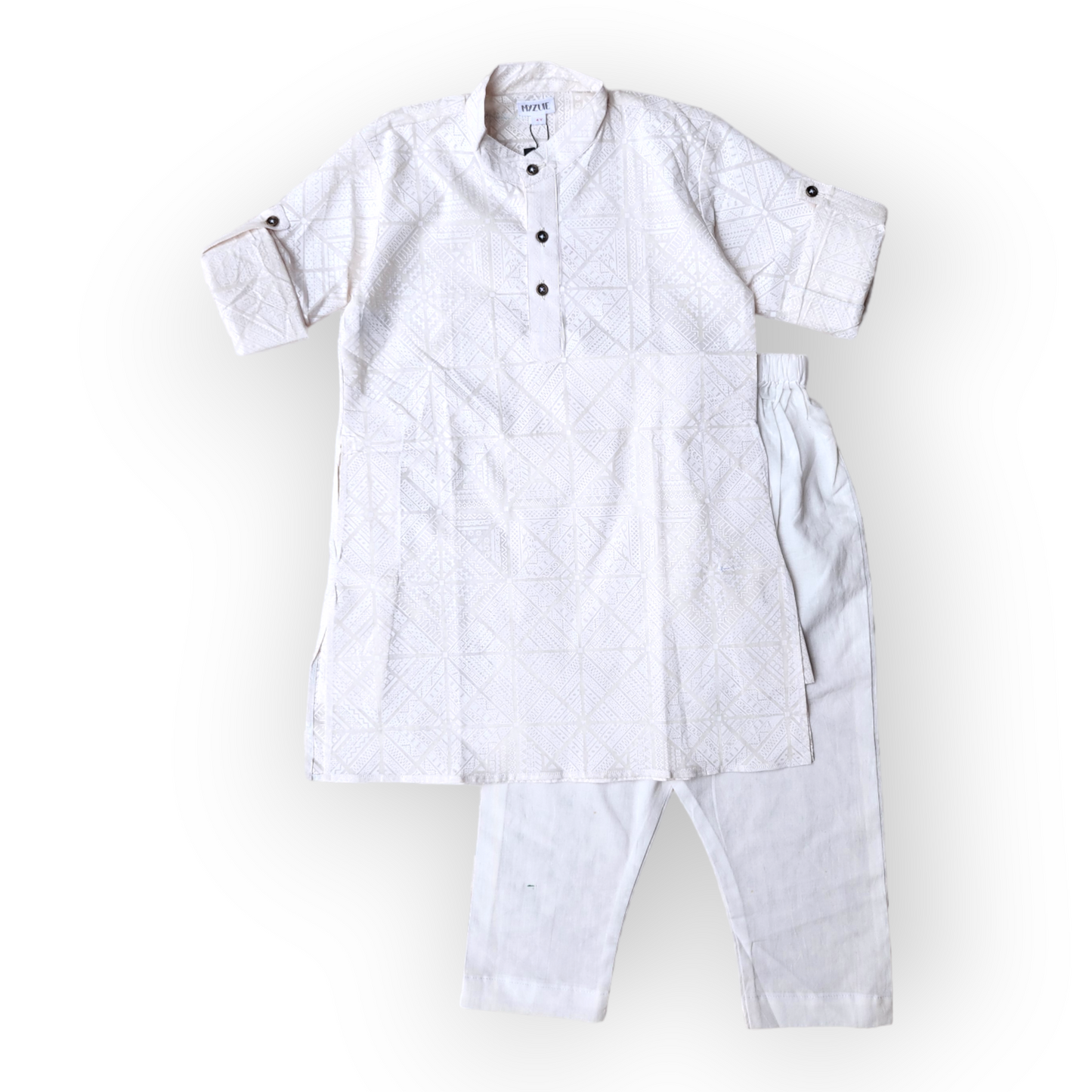 Boys White Self Print Kurta Set