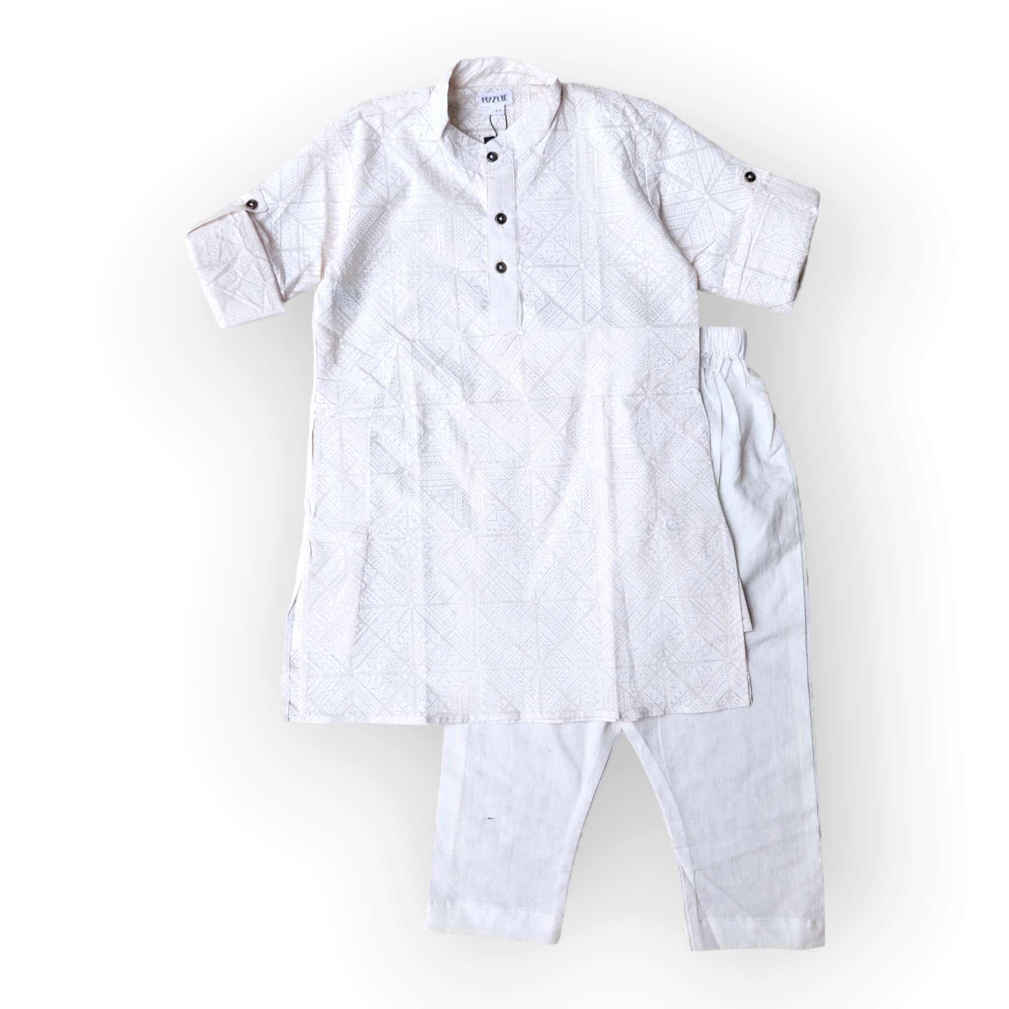 Boys White Self Print Kurta Set